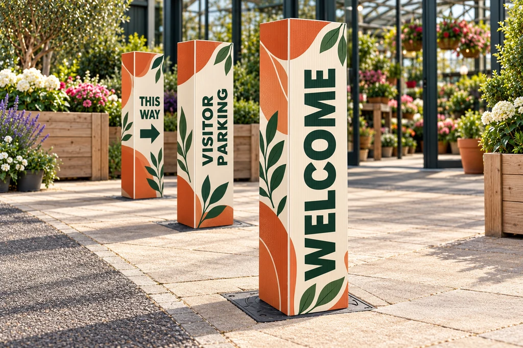 Orange and cream bollard covers with welcome and parking directions outside a garden centre