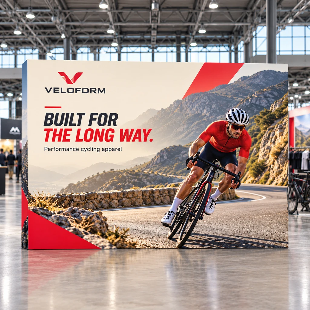 Straight fabric pop-up display with printed front and wrapped sides