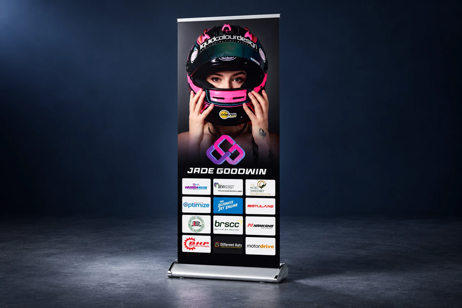 Jade Goodwin motorsport roller banner in a premium silver cassette