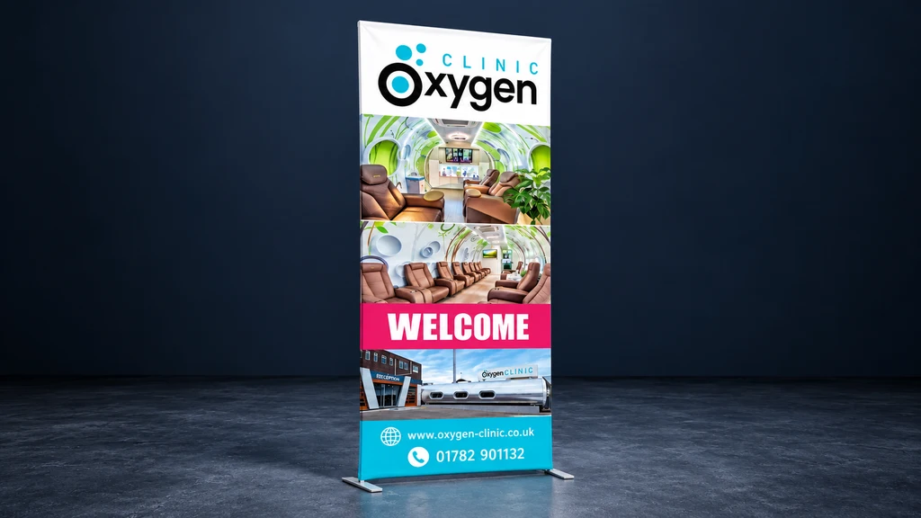 Oxygen Clinic standard fabric tube banner with square corners and two feet