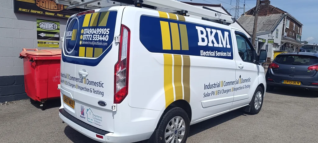 Bold logo and contact graphics
