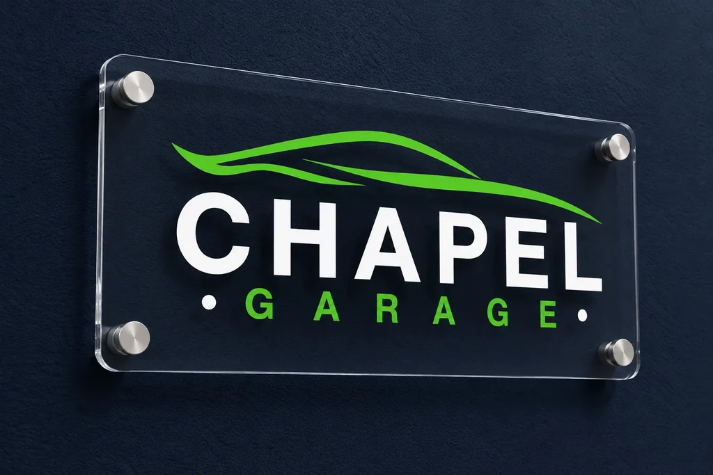 Clear Chapel Garage acrylic reception panel on four silver barrel standoffs