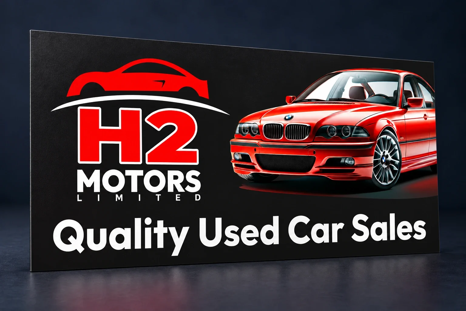 H2 Motors artwork on a flat 3mm aluminium composite panel with a hairline edge
