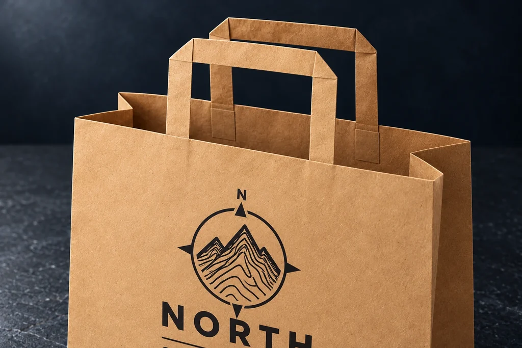 Close view of flat folded kraft paper handles