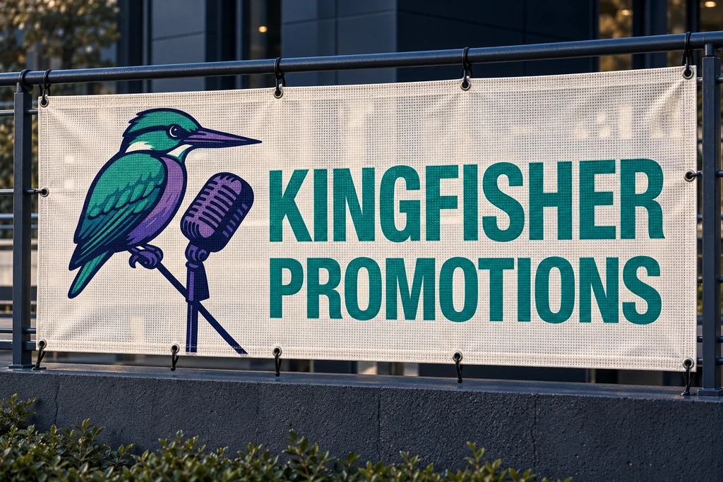 Kingfisher Promotions printed mesh PVC banner attached to a railing with eyelets
