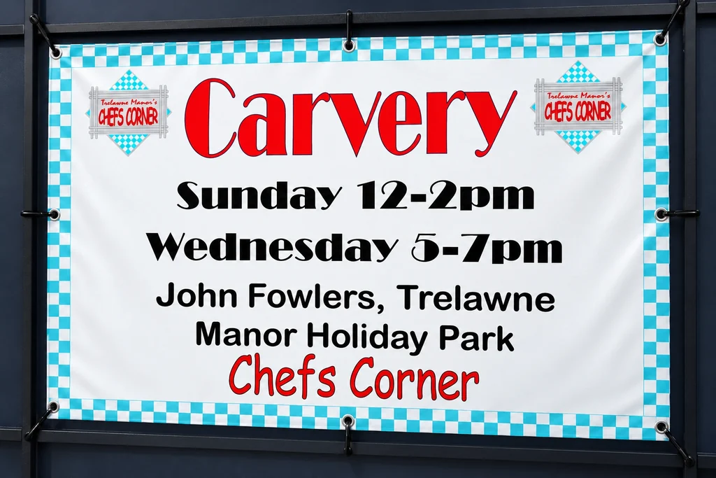 Carvery artwork printed on a solid coated PVC banner with eyelets and unhemmed edges