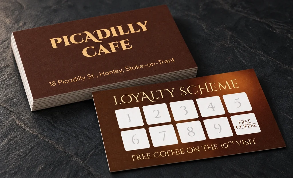 Piccadilly Cafe uncoated loyalty cards with numbered stamp boxes