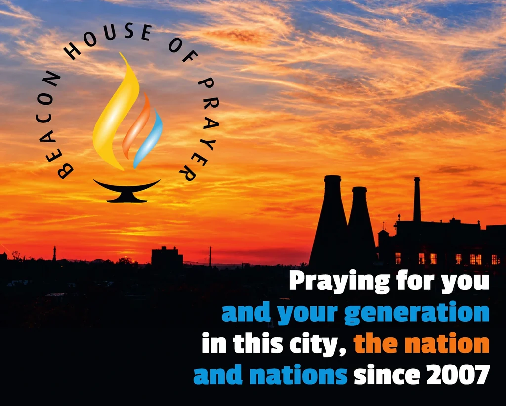 Original Beacon sunset artwork with pottery skyline and House of Prayer branding
