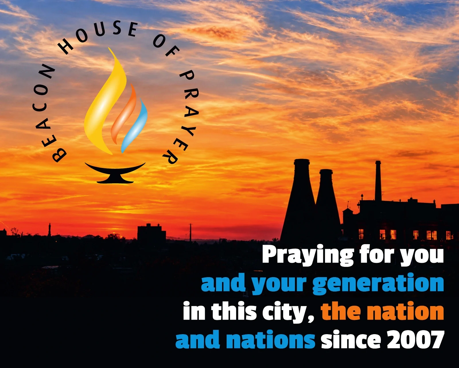 Beacon House of Prayer original artwork with sunset and pottery skyline