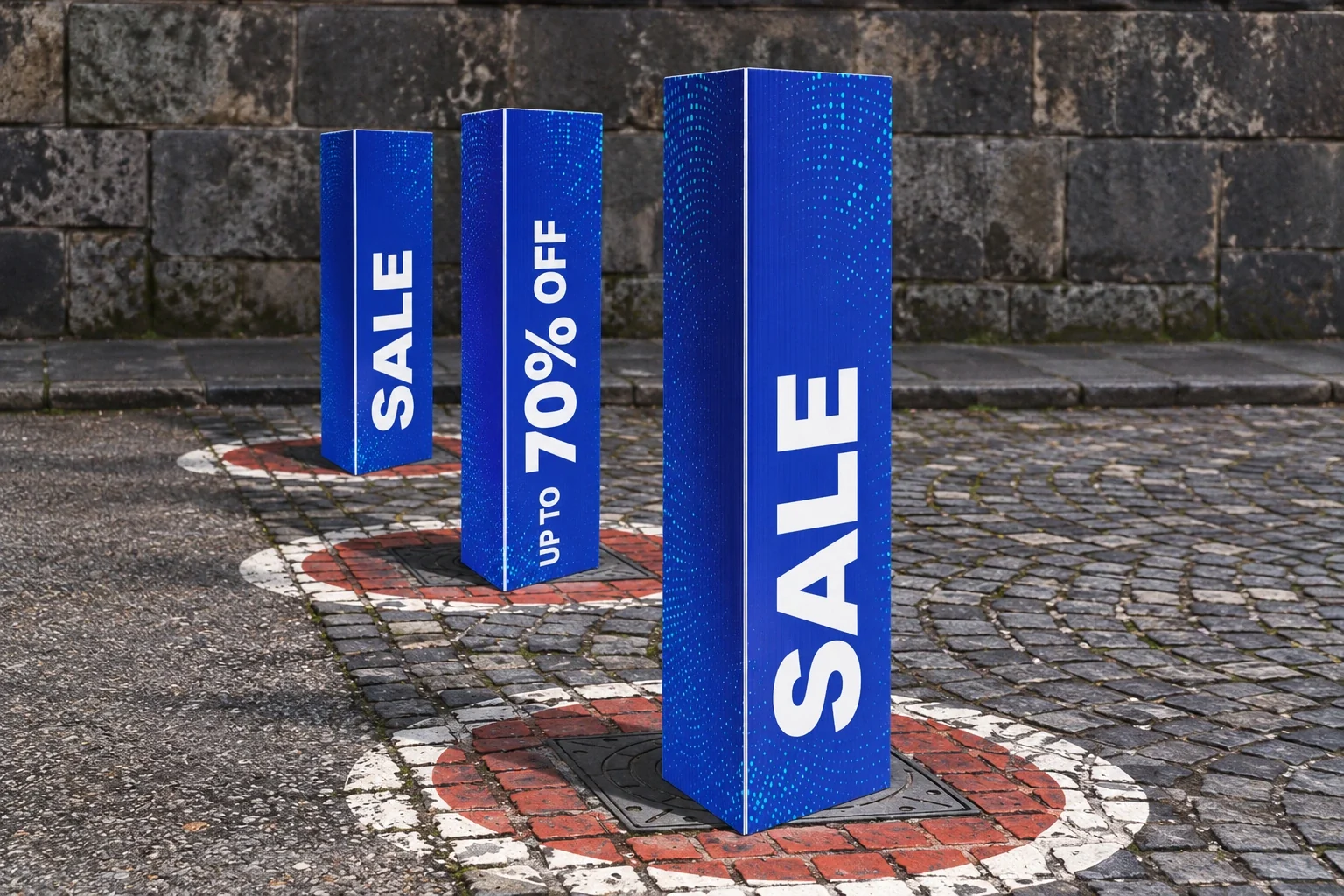 Blue bollard covers with SALE and UP TO 70% OFF graphics on a cobbled forecourt