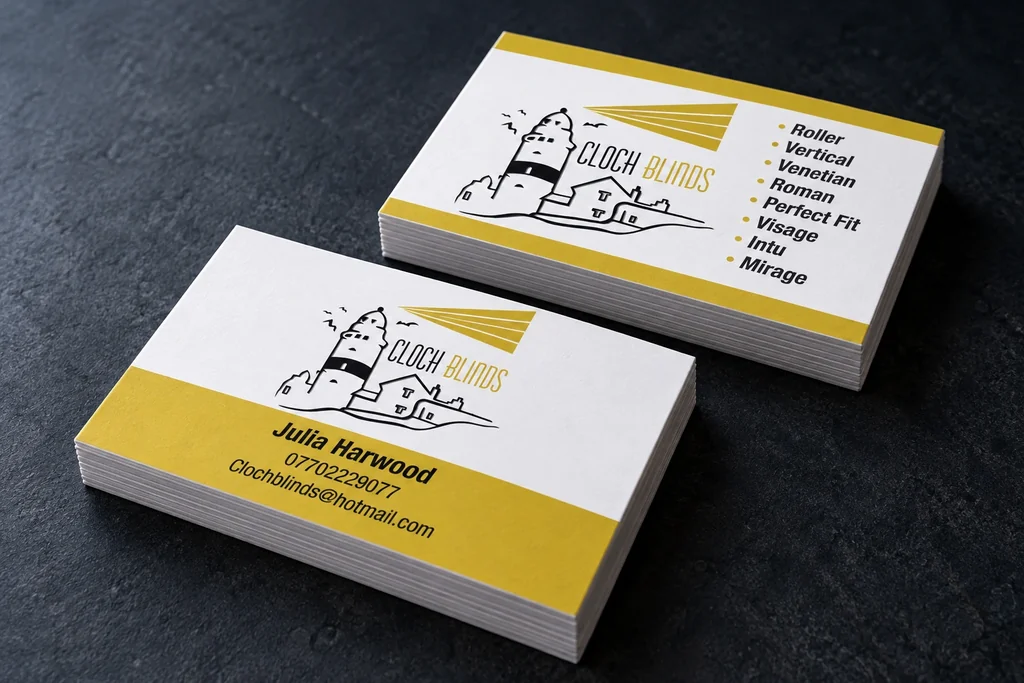 Cloch Blinds business cards showing front and reverse artwork