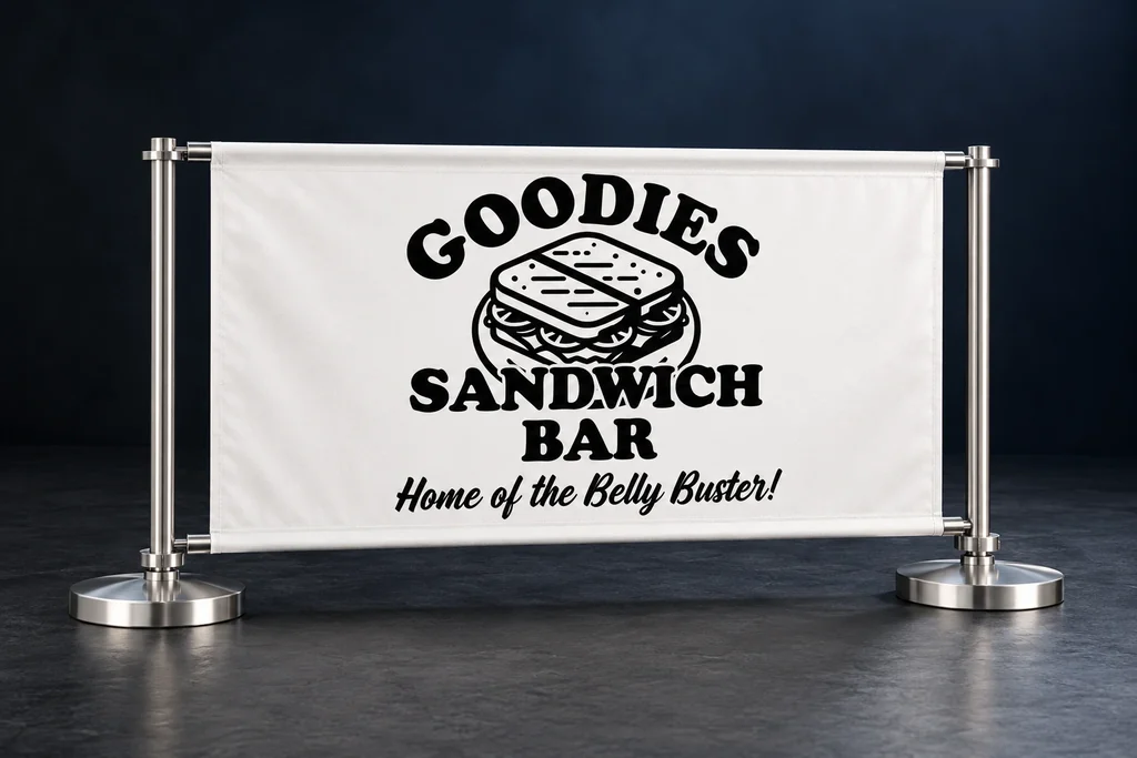 Goodies Sandwich Bar premium café barrier with silver posts and two cross rails