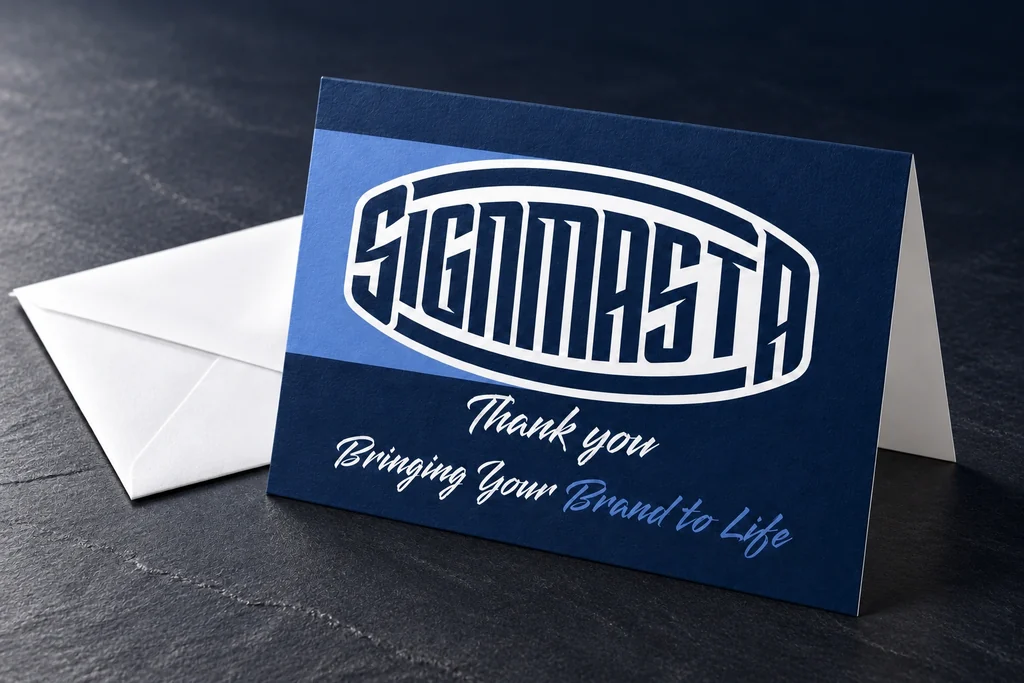 Folded Signmasta thank-you card with an envelope