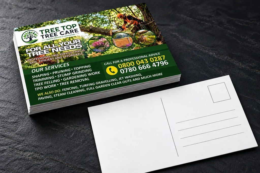Tree Top Tree Care postcards showing printed front and writable reverse