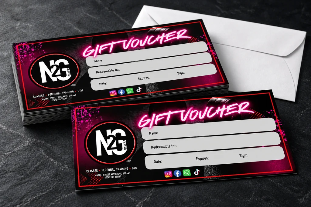 N2G Fitness printed gift vouchers with blank recipient fields