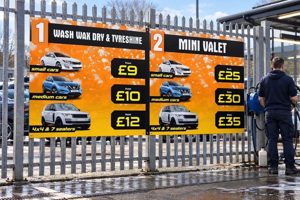 Large 8 by 4 foot, 3mm aluminium composite car wash menu mounted on a metal fence using Congleton car wash artwork