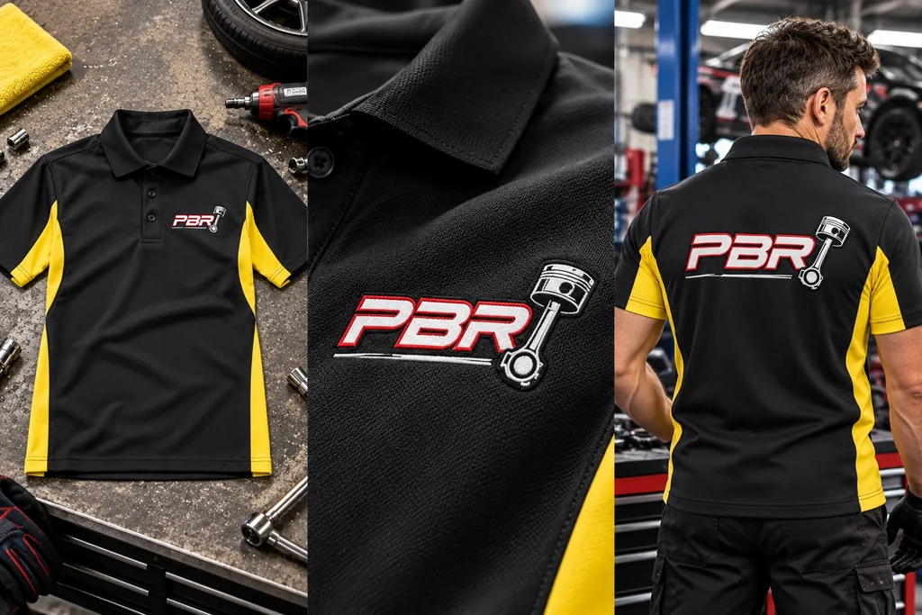 Two-colour polo shirts: garment, printed logo detail and worn view