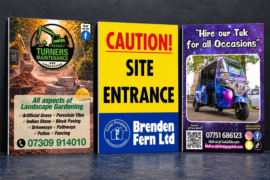 Three portrait Correx boards with Turners, Brenden Fern site entrance and GoGoTuk artwork in a landscape scene