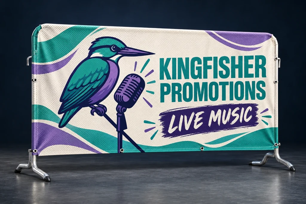 Kingfisher Promotions mesh cover fitted to a crowd-control barrier
