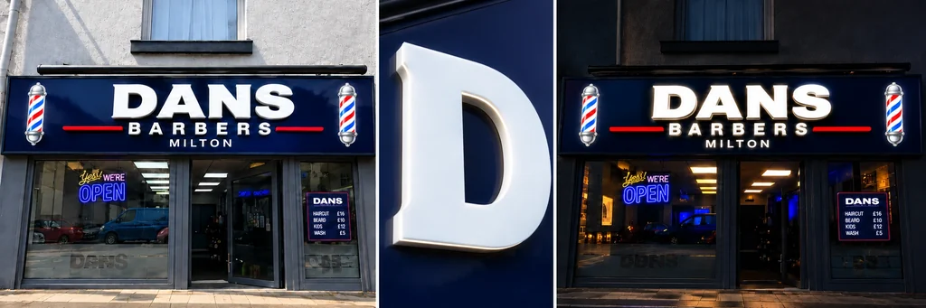 DANS Barbers raised acrylic fascia shown in daylight, close-up and illuminated at night