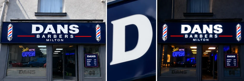 DANS Barbers recessed acrylic fascia shown in daylight, close-up and illuminated at night