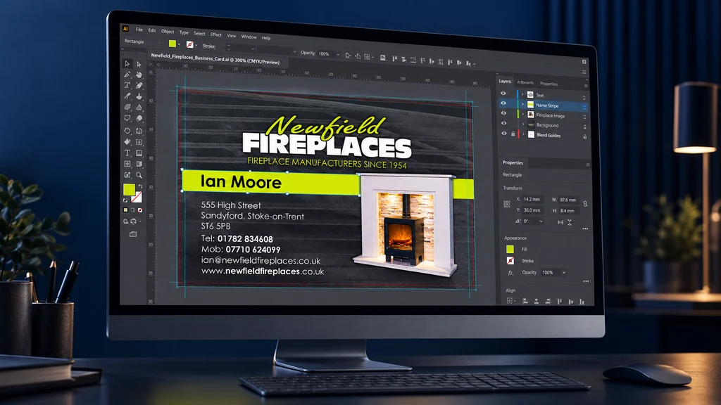 Illustrative studio scene showing Newfield Fireplaces business card artwork being edited on a computer screen