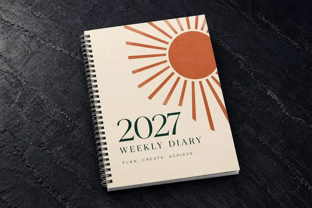 Cream and terracotta 2027 weekly diary with left-hand wire binding