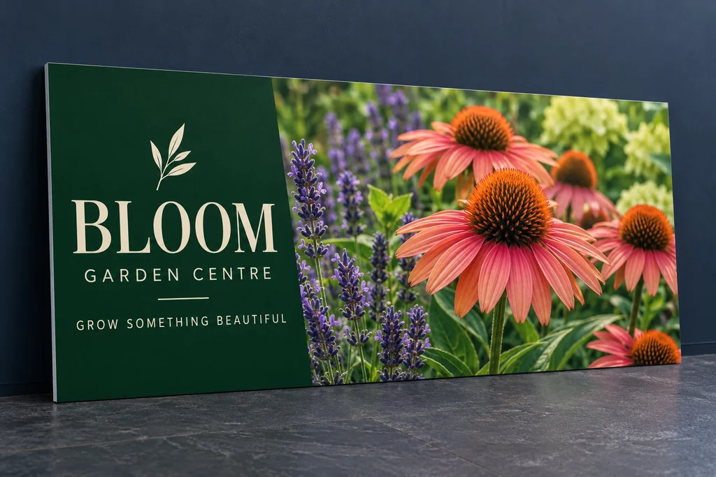 Flat garden centre sign panel faced with a full-colour floral printed graphic
