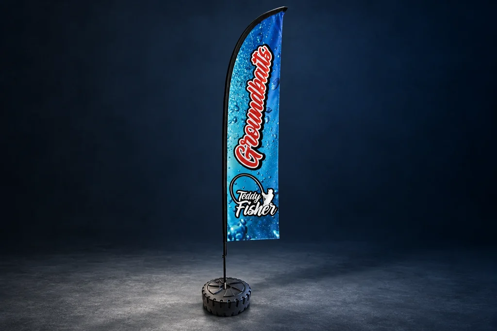 Blue Teddy Fisher feather flag with curved pole and weighted base