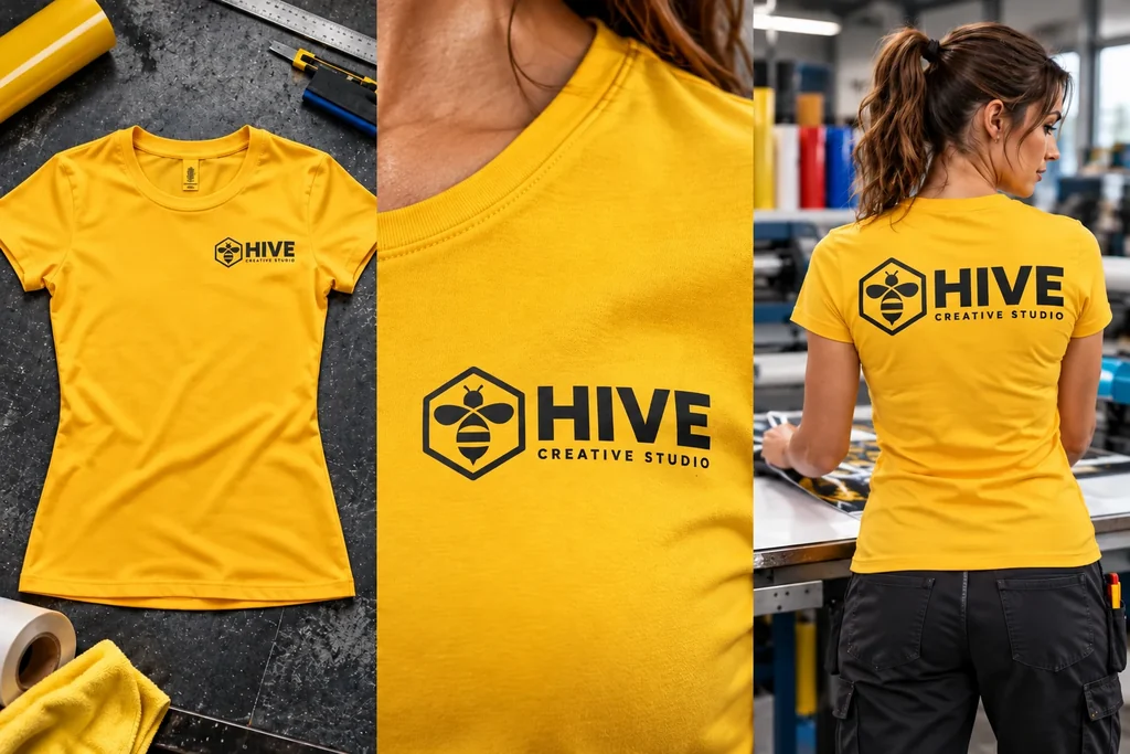 Fitted T-shirts: garment, printed logo detail and worn view