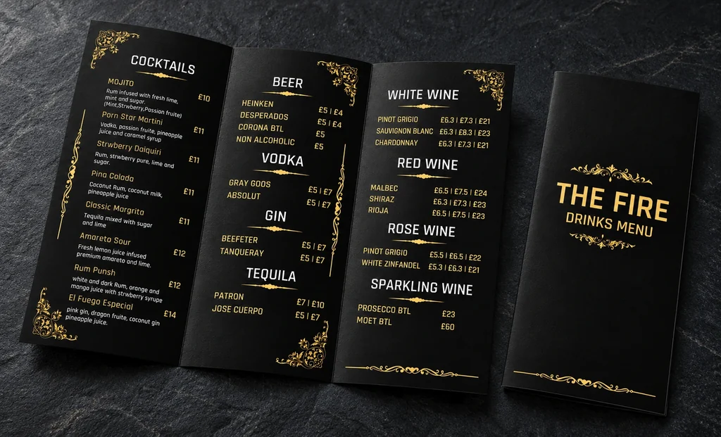 The Fire printed menu shown open and folded