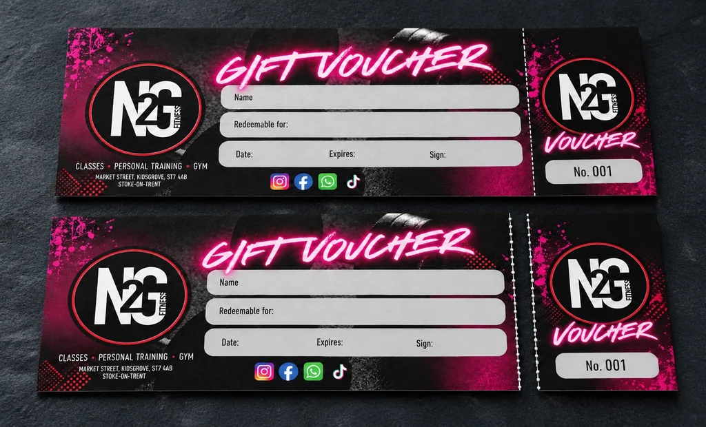 N2G Fitness voucher adapted to show a perforated detachable stub