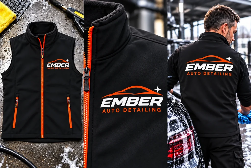 Softshell gilets: garment, printed logo detail and worn view
