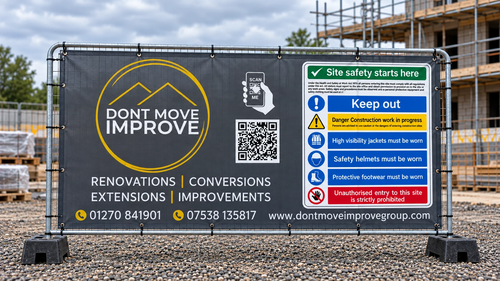 Don’t Move Improve printed mesh cover fitted to a temporary fence panel