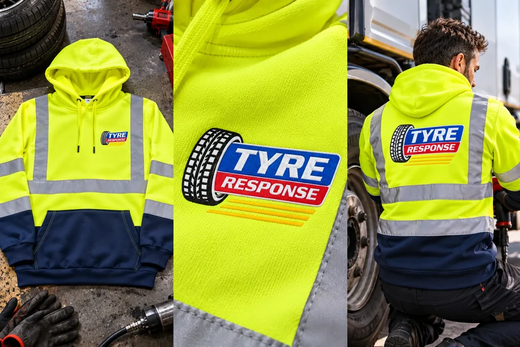 Hi-vis hoodies: garment, printed logo detail and worn view