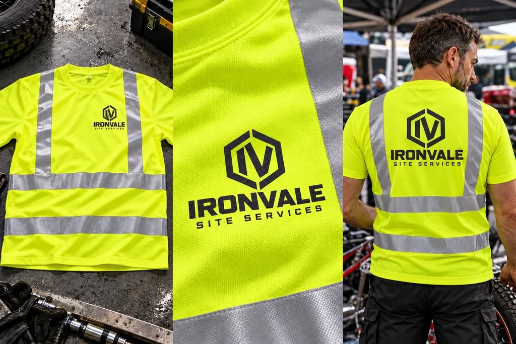 Hi-vis T-shirts: garment, printed logo detail and worn view