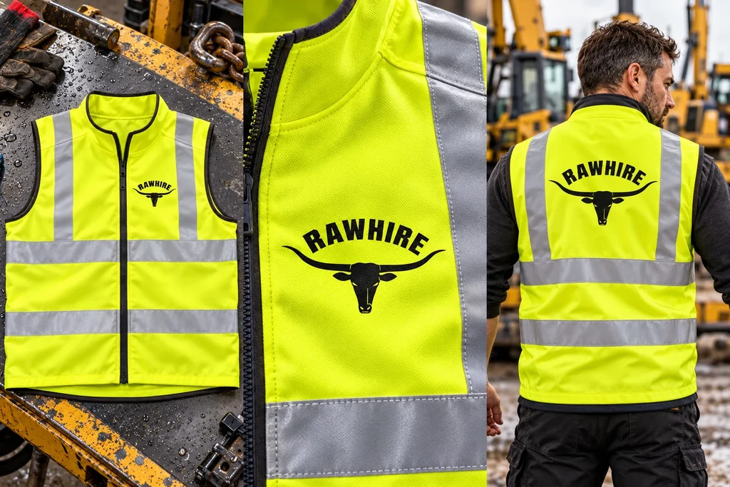 Hi-vis vests: garment, printed logo detail and worn view