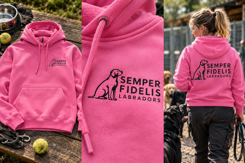 Pullover hoodies: garment, printed logo detail and worn view