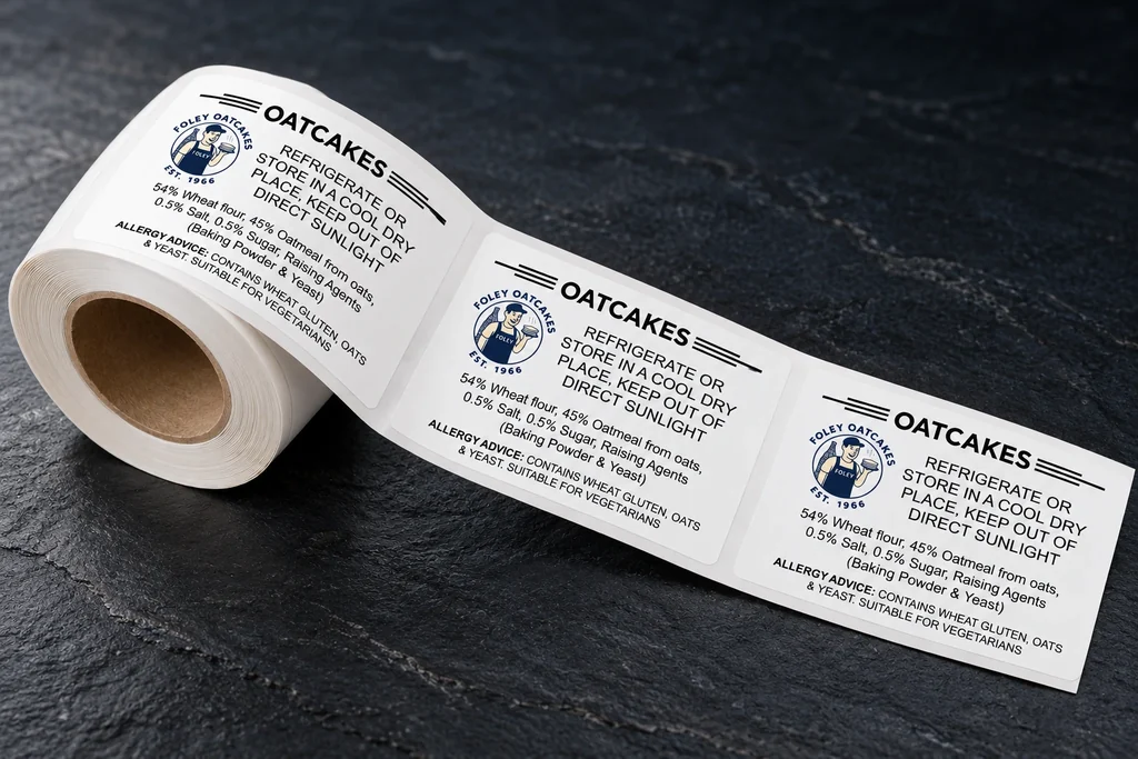 Foley Oatcakes labels wound on a roll