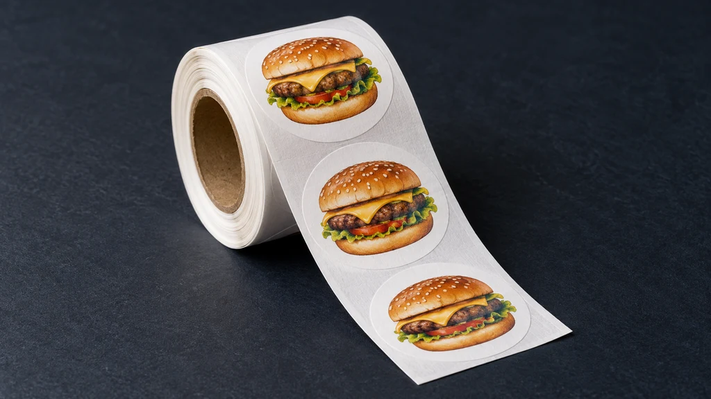 Uncoated paper labels with a generic burger illustration on a roll