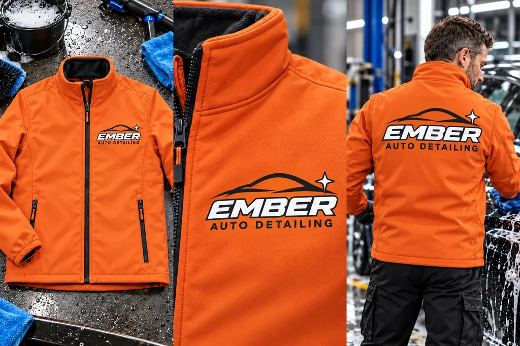 Layered & padded jackets: garment, printed logo detail and worn view