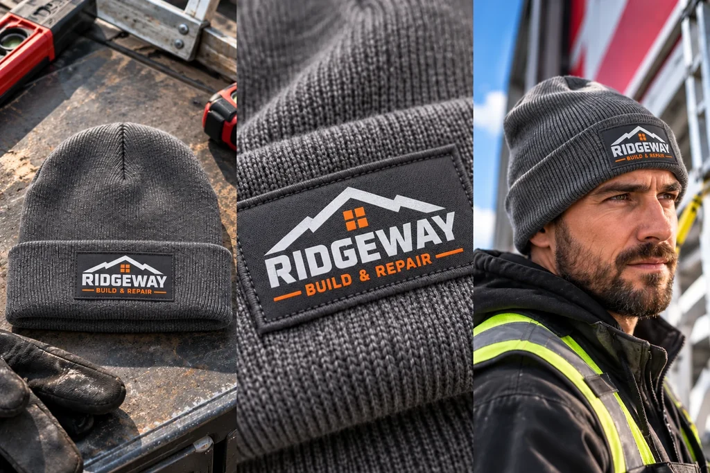 Original patch beanies: garment, printed logo detail and worn view