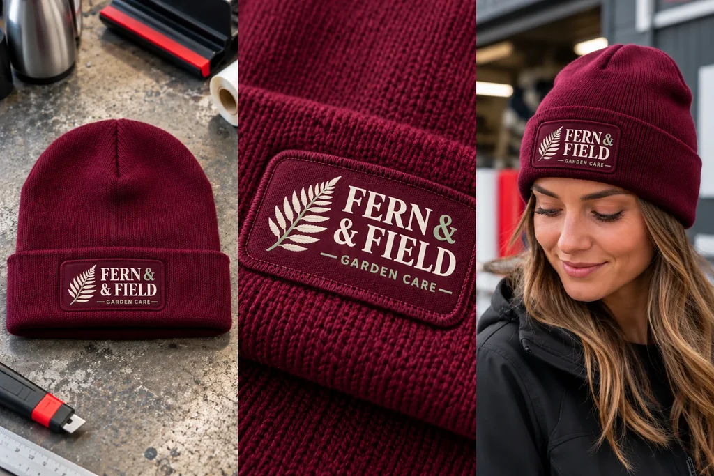 Patch beanies: garment, printed logo detail and worn view
