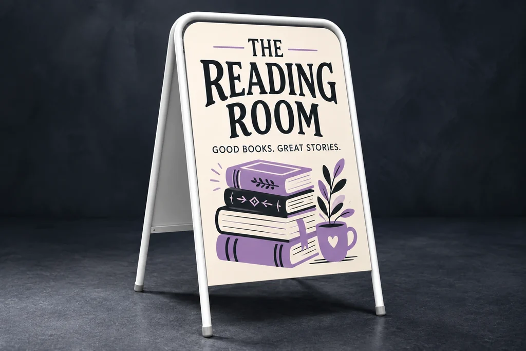 White tubular A-board with bookshop artwork