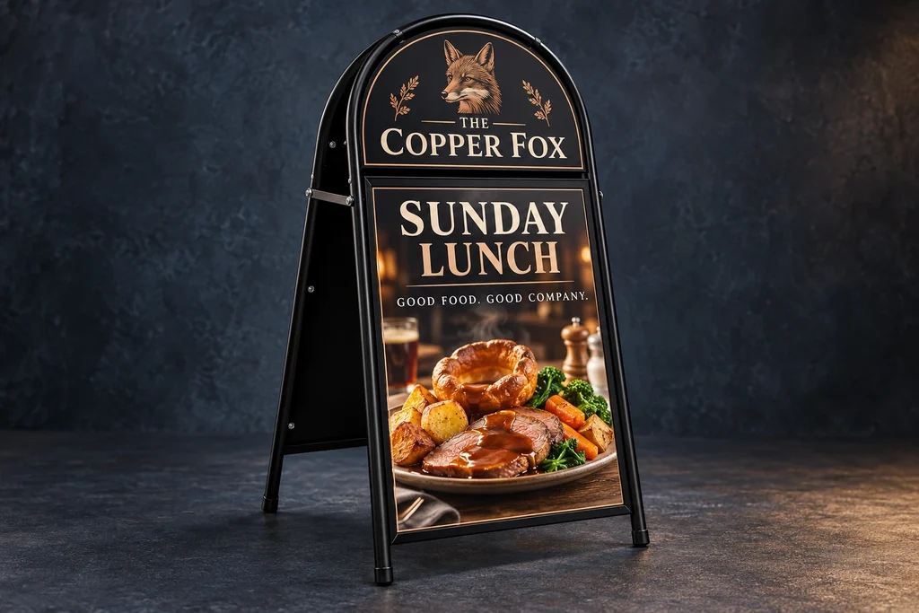 Black curved-top steel pavement sign with pub branding and a rectangular poster insert