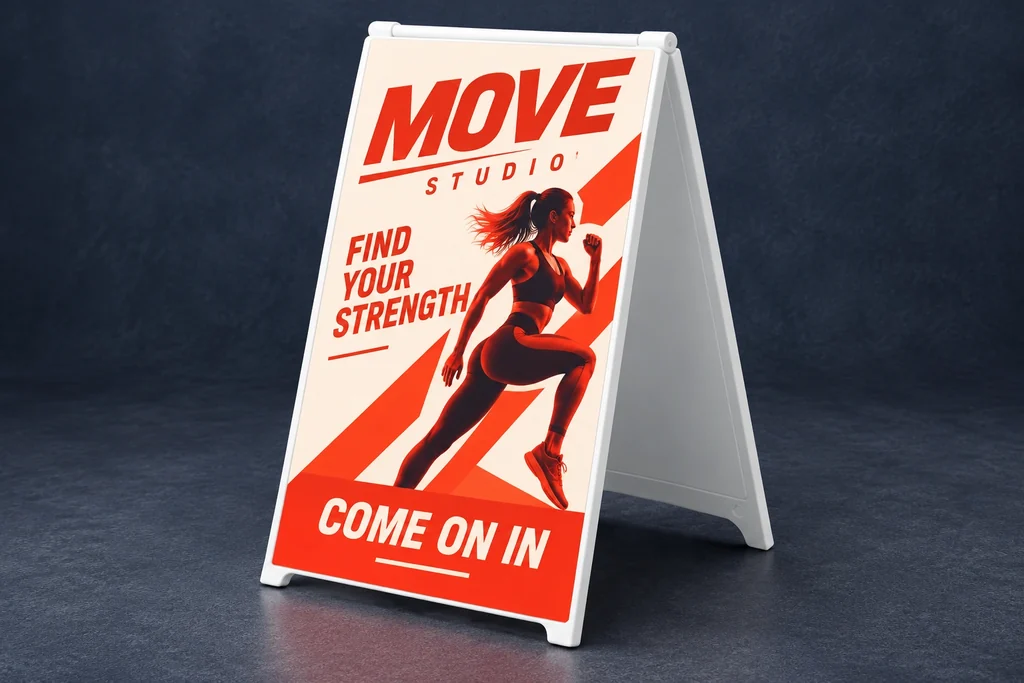 White plastic folding pavement sign with fitness artwork