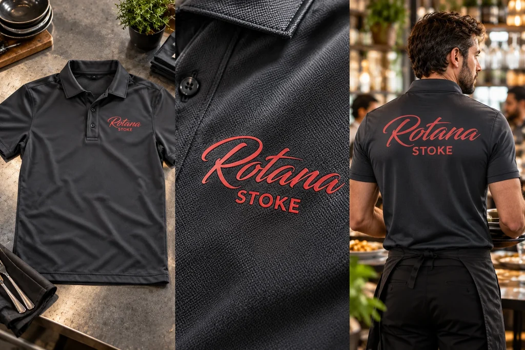 Performance polo shirts: garment, printed logo detail and worn view