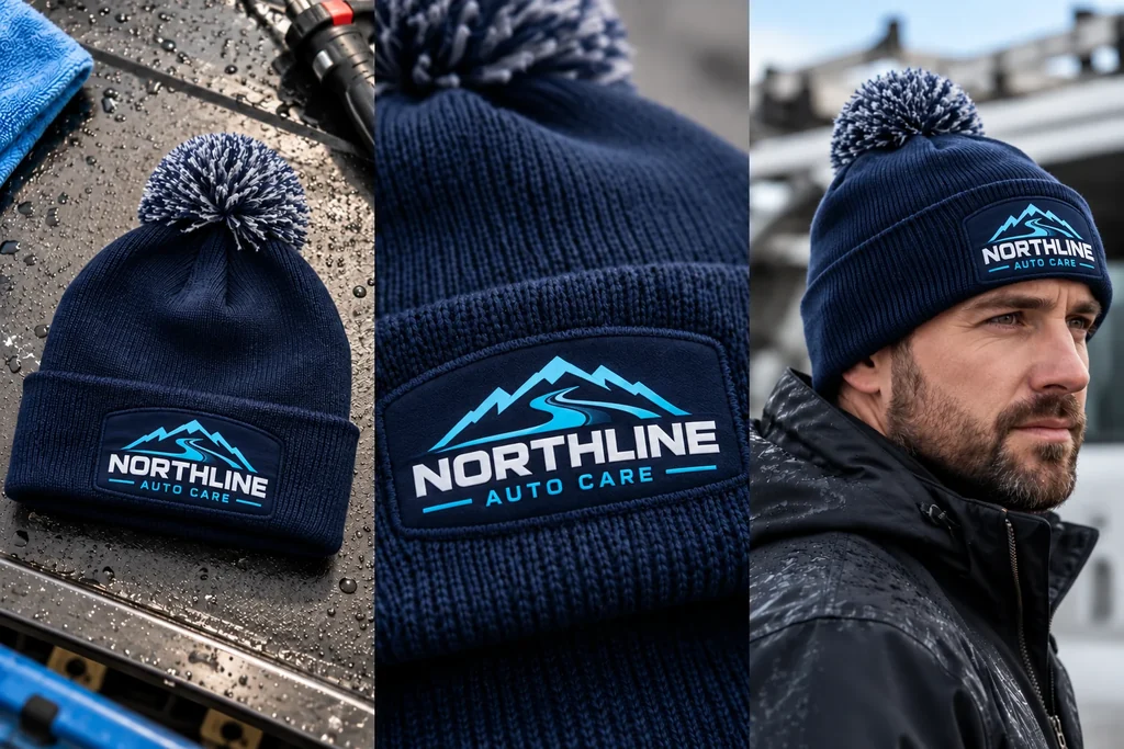 Pom-pom patch beanies: garment, printed logo detail and worn view