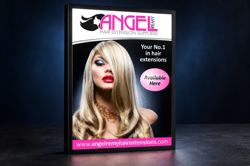 Angel Remy backlit poster shown illuminated in a lightbox