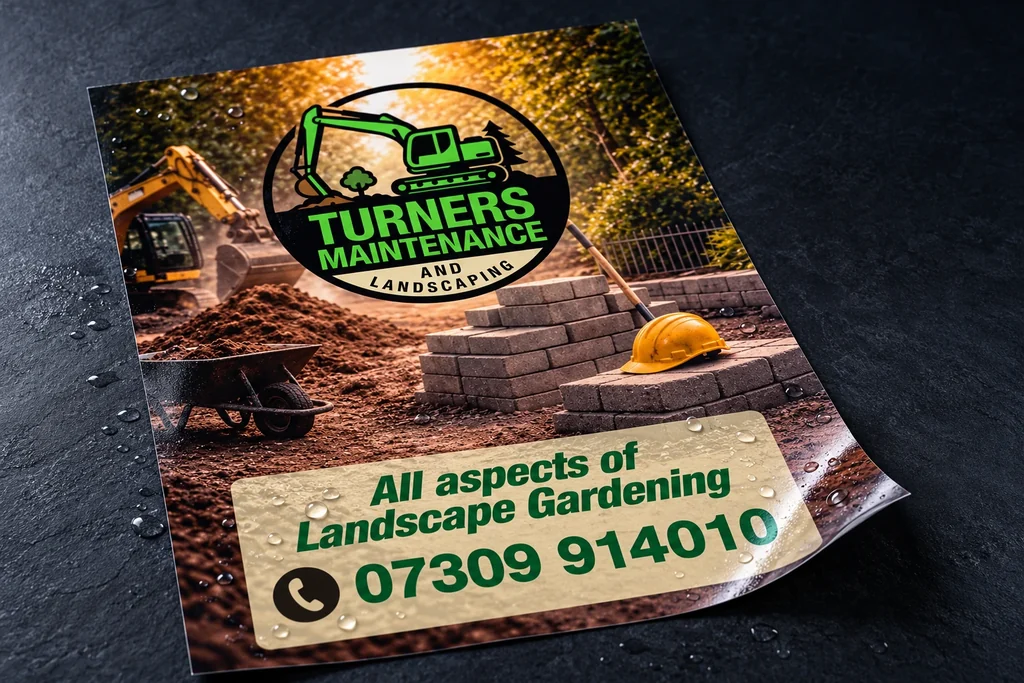 Turners landscaping poster on flexible waterproof stock with water droplets